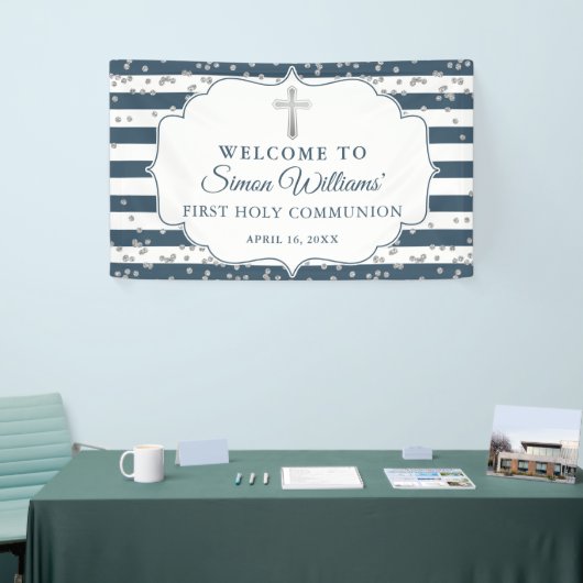 Silver Glitter Navy Blue First Heilige Communie Spandoek (Beurs)