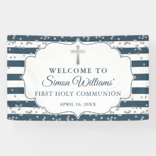Silver Glitter Navy Blue First Heilige Communie Spandoek