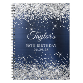 Silver Glitter Navy Blue Folie 50e verjaardag Gast Notitieboek