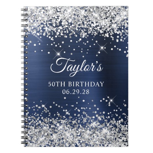 Silver Glitter Navy Blue Folie 50e verjaardag Gast Notitieboek (Voorkant)