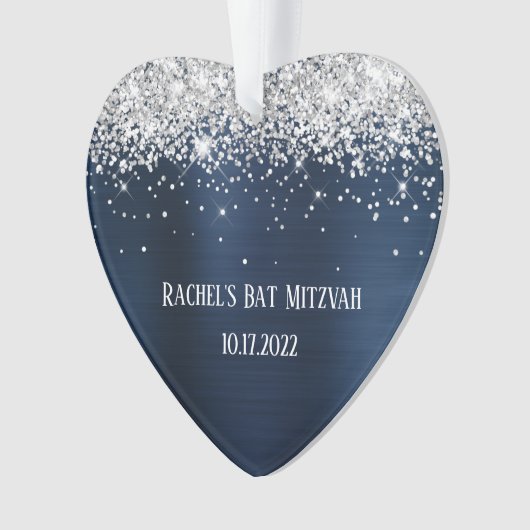 Silver Glitter Navy Blue Folie Bat Mitzvah Heart Ornament (voorkant)