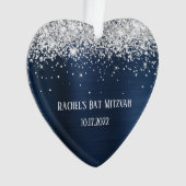Silver Glitter Navy Blue Folie Bat Mitzvah Heart Ornament (voorkant)