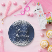 Silver Glitter Navy Blue Folie Happy Birthday Papieren Bordje (Feest)