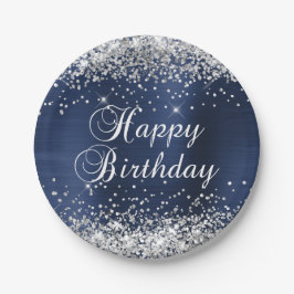 Silver Glitter Navy Blue Folie Happy Birthday Papieren Bordje