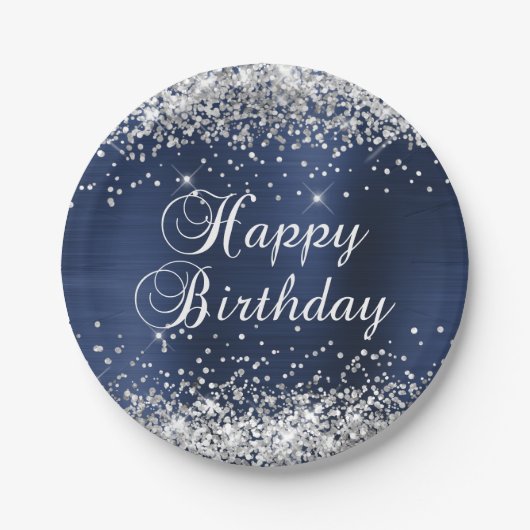 Silver Glitter Navy Blue Folie Happy Birthday Papieren Bordje (Voorkant)