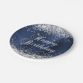Silver Glitter Navy Blue Folie Happy Birthday Papieren Bordje (Gekanteld)