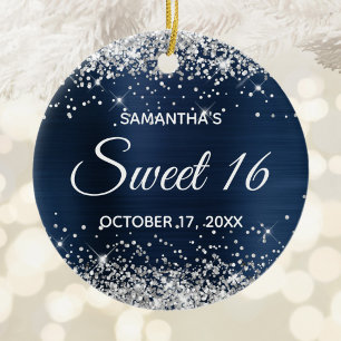Silver Glitter Navy Blue Folie Sweet 16 Birthday Keramisch Ornament