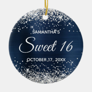 Silver Glitter Navy Blue Folie Sweet 16 Birthday Keramisch Ornament