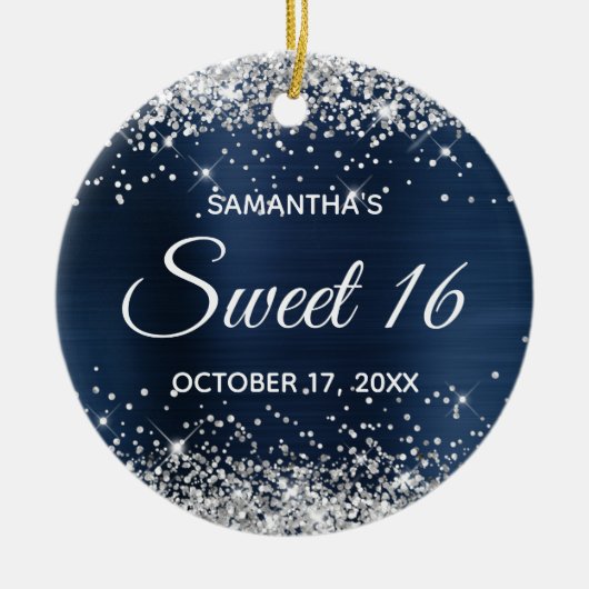 Silver Glitter Navy Blue Folie Sweet 16 Birthday Keramisch Ornament (Voorkant)