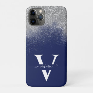 Silver Glitter Navy Blue Monogram Elegant Custom Case-Mate iPhone Case