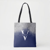 Silver Glitter Navy Blue Monogram Trendy Custom Tote Bag (Voorkant)