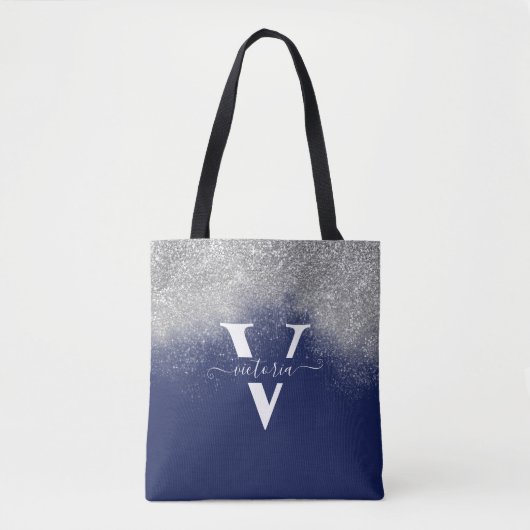 Silver Glitter Navy Blue Monogram Trendy Custom Tote Bag (Voorkant)