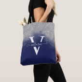Silver Glitter Navy Blue Monogram Trendy Custom Tote Bag (Dichtbij)