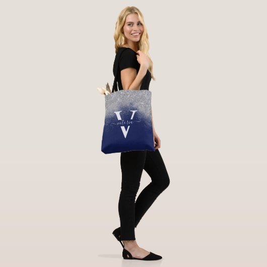 Silver Glitter Navy Blue Monogram Trendy Custom Tote Bag (Op model)