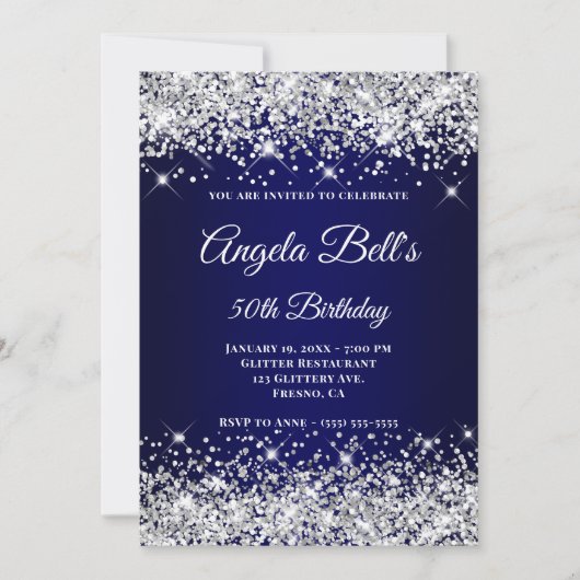 Silver Glitter Navy Blue Ombre Fancy Monogram Kaart (Voorkant)