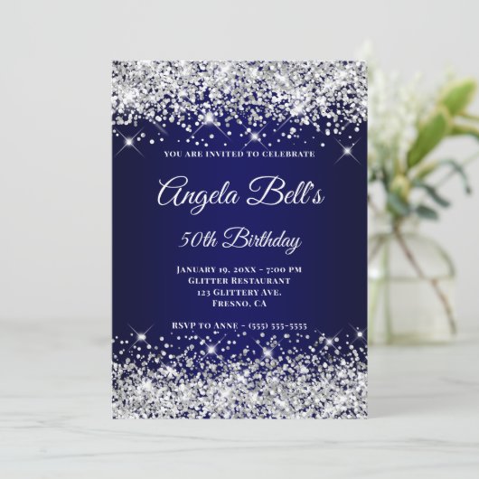 Silver Glitter Navy Blue Ombre Fancy Monogram Kaart (Staand voorkant)