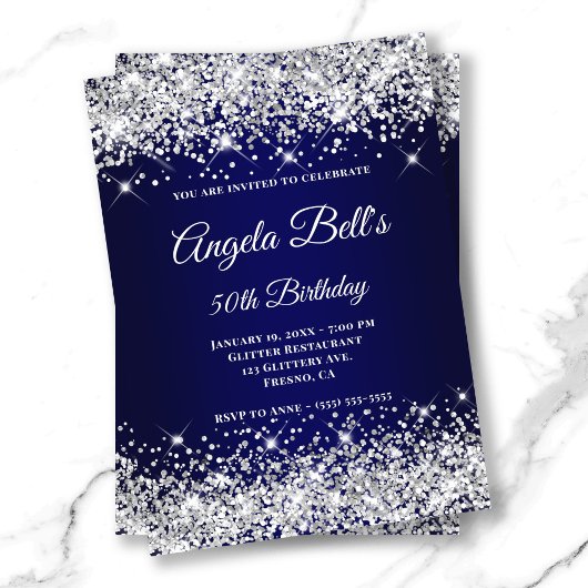 Silver Glitter Navy Blue Ombre Fancy Monogram Kaart