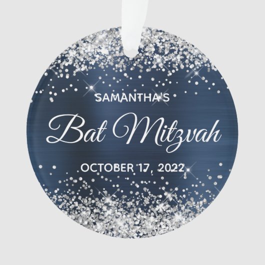 Silver Glitter Navy Blue Ombre Folie Bat Mitzvah Ornament (voorkant)
