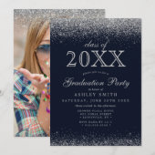 Silver Glitter Navy Blue Photo Afstuderen Kaart (Voorkant / Achterkant)