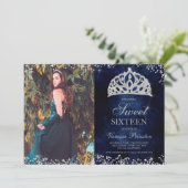 Silver glitter navy blue phototiara Sweet 16 Kaart (Staand voorkant)
