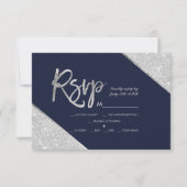 Silver glitter navy blue script bruiloft Rsvp (Voorkant)