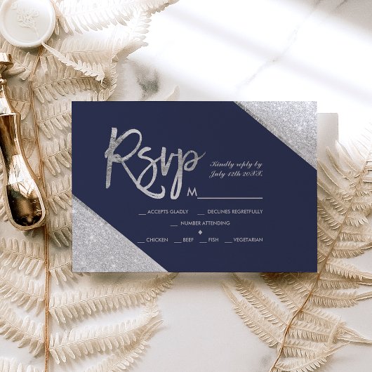 Silver glitter navy blue script bruiloft Rsvp