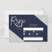 Silver glitter navy blue script bruiloft Rsvp Kaartje (Voorkant)