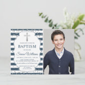 Silver Glitter Navy Blue Stripes Baptism Foto Kaart (Staand voorkant)