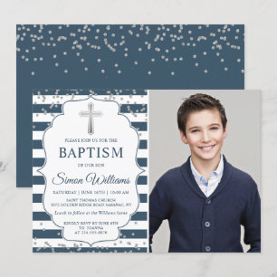 Silver Glitter Navy Blue Stripes Baptism Foto Kaart