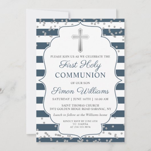 Silver Glitter Navy Blue Stripes First Community Kaart (Voorkant)