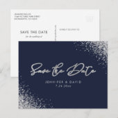 Silver Glitter Navy Blue Wedding Save the Date Aankondigingskaart (Voorkant / Achterkant)