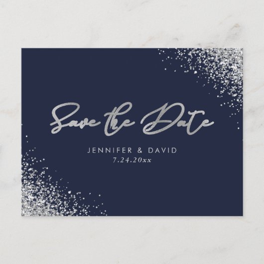 Silver Glitter Navy Blue Wedding Save the Date Aankondigingskaart (Voorkant)