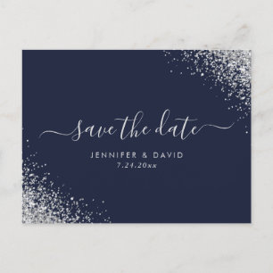 Silver Glitter Navy Blue Wedding Save the Date Aankondigingskaart