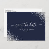 Silver Glitter Navy Blue Wedding Save the Date Aankondigingskaart (Voorkant / Achterkant)