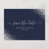 Silver Glitter Navy Blue Wedding Save the Date Aankondigingskaart (Voorkant)