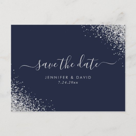 Silver Glitter Navy Blue Wedding Save the Date Aankondigingskaart (Voorkant)