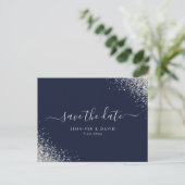 Silver Glitter Navy Blue Wedding Save the Date Aankondigingskaart (Staand voorkant)