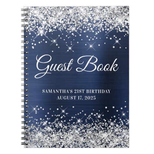 Silver Glitter Navy Folie 21st Birthday Guestbook Notitieboek (Voorkant)