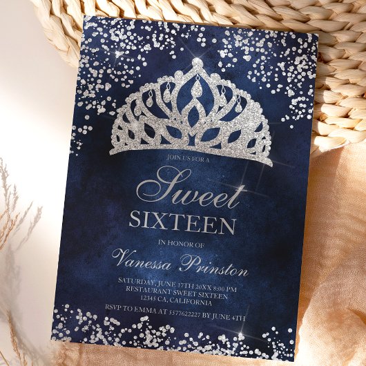 Silver glitter navy foto sparkles tiara Sweet 16 Kaart