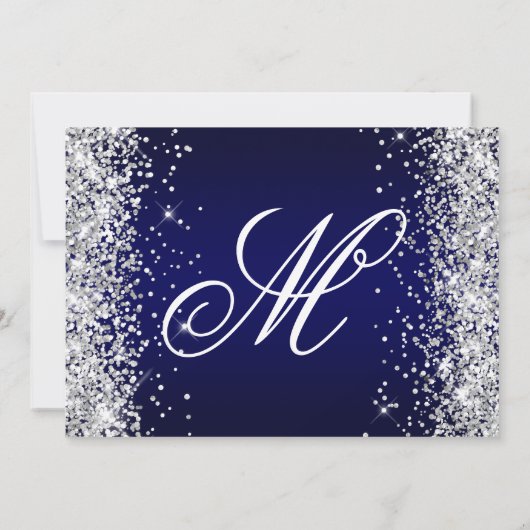 Silver Glitter Navy Gradient Fancy Monogram Kaart (Achterkant)
