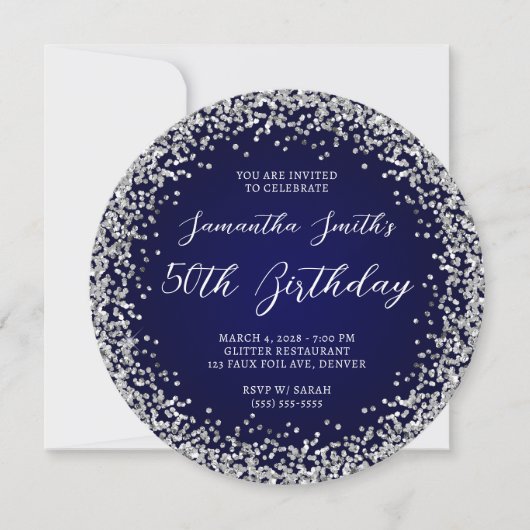 Silver Glitter Navy Ombre 50th Birthday Kaart (Voorkant)