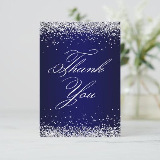 Silver Glitter Navy Ombre Elegant 40e verjaardag Bedankkaart (Staand voorkant)