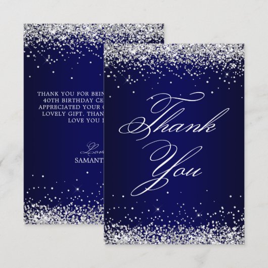 Silver Glitter Navy Ombre Elegant 40e verjaardag Bedankkaart (Voorkant / Achterkant)