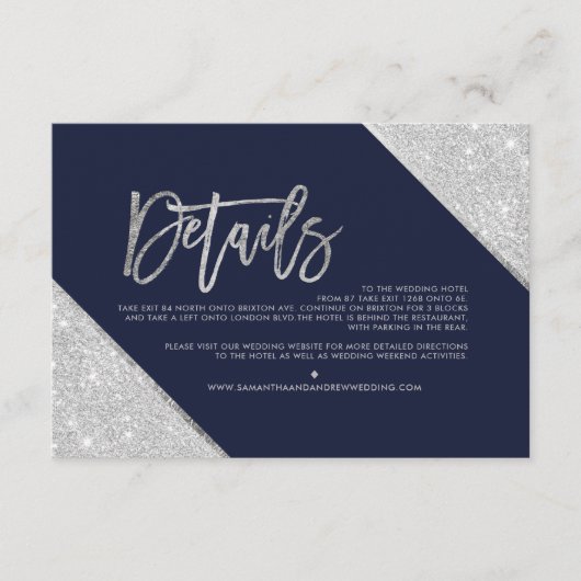 Silver glitter navy script trouwrichting informatiekaartje (Voorkant)