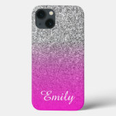 Silver Glitter Neon Pink Ombre Persoonlijk Case-Mate iPhone Case (Achterkant)