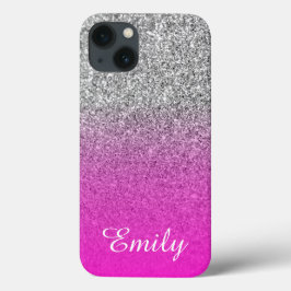 Silver Glitter Neon Pink Ombre Persoonlijk iPhone 13 Hoesje