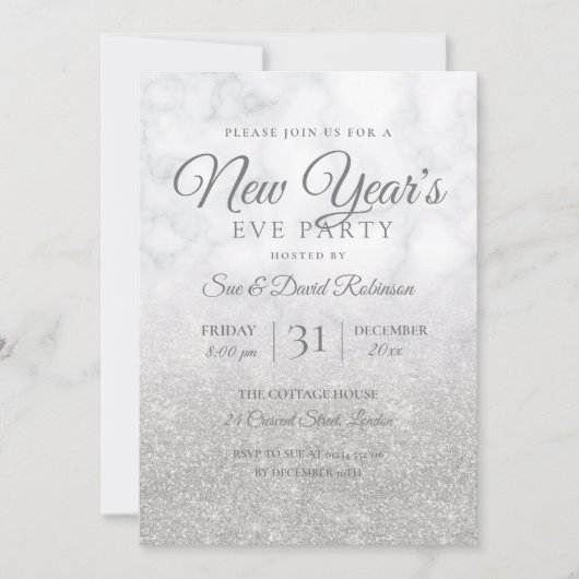 Silver Glitter New Years Eve Party Marble Kaart (Voorkant)