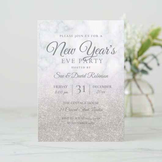Silver Glitter New Years Eve Party Marble Kaart (Staand voorkant)