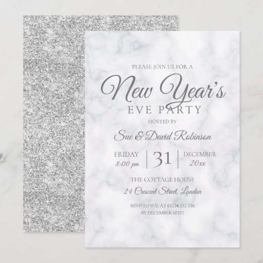 Silver Glitter New Years Eve Party Marble Kaart (Voorkant / Achterkant)