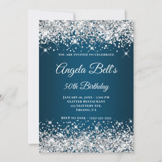 Silver Glitter Ocean Blue Ombre Fancy Monogram Kaart (Voorkant)